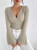 Ladies' Autumn And Winter Apricot-colored V-neck Long-sleeved Slim Striped T-shirt Knitted Sweater, Sexy Knitted Top_ecoleips.com