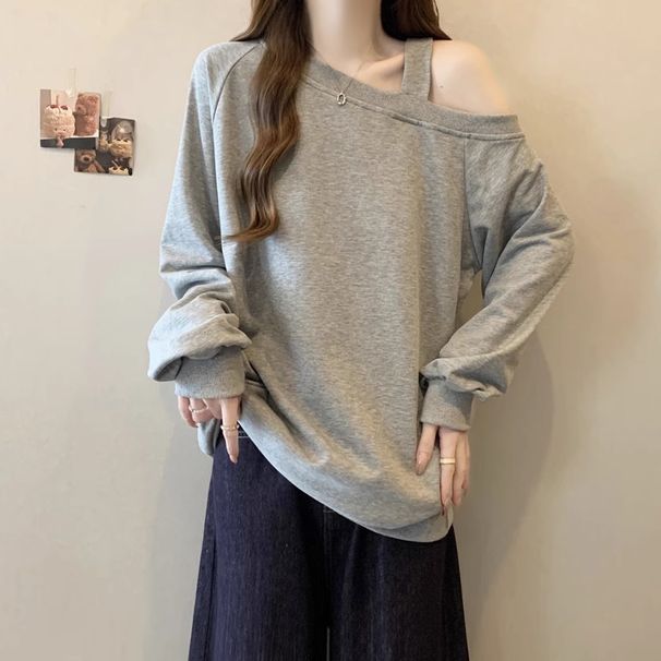 Women's Foreign Trade Off-shoulder Sweatshirt With Diagonal Collar, Autumn Winter, Fleece-lined And Thickened, 2024 New_ecoleips.com
