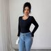 Women's Knitted Long Sleeve Top Black Patchwork Lace Trim Fitted Textured Ribbed European American Style Spring_ecoleips.com