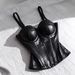 Women's PU Leather Underbust Corset Top With Boning & Removable Pads, Fashion Bustier For Outerwear_ecoleips.com