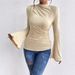 Women's Clothing Pleated Design Flared Sleeve Stand Up Collar Slim Fit Ladies T Shirt_ecoleips.com