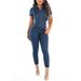 Women's Clothing Single Breasted Solid Color Lapel Casual Sexy Mid Waist Slim Fashion Denim Short Sleeved Jumpsuit_ecoleips.com