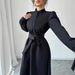 Women's Clothing Elegant Stand Collar A Line Skirt Waist Slimming Button Solid Color Long Sleeve Shirt Dress_ecoleips.com
