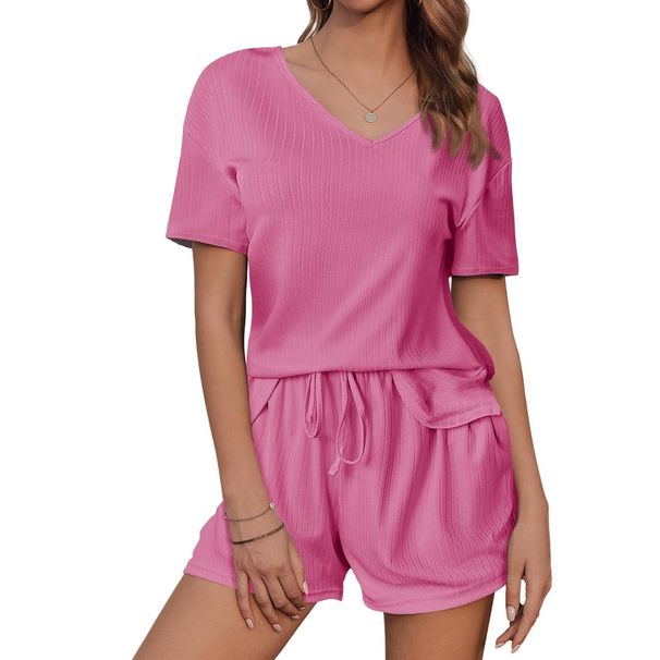 Women's Clothing New Solid Color V Neck Short Sleeved Waist Drawstring Shorts Two Piece Casual Suit For Women_ecoleips.com