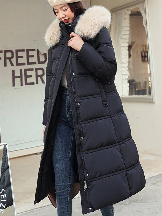 K New Women's Cotton Coat With A Long Over-the-knee Style, A Large Fur Collar, A Slimming Waist Belt, And A Hood. No Bag_ecoleips.com