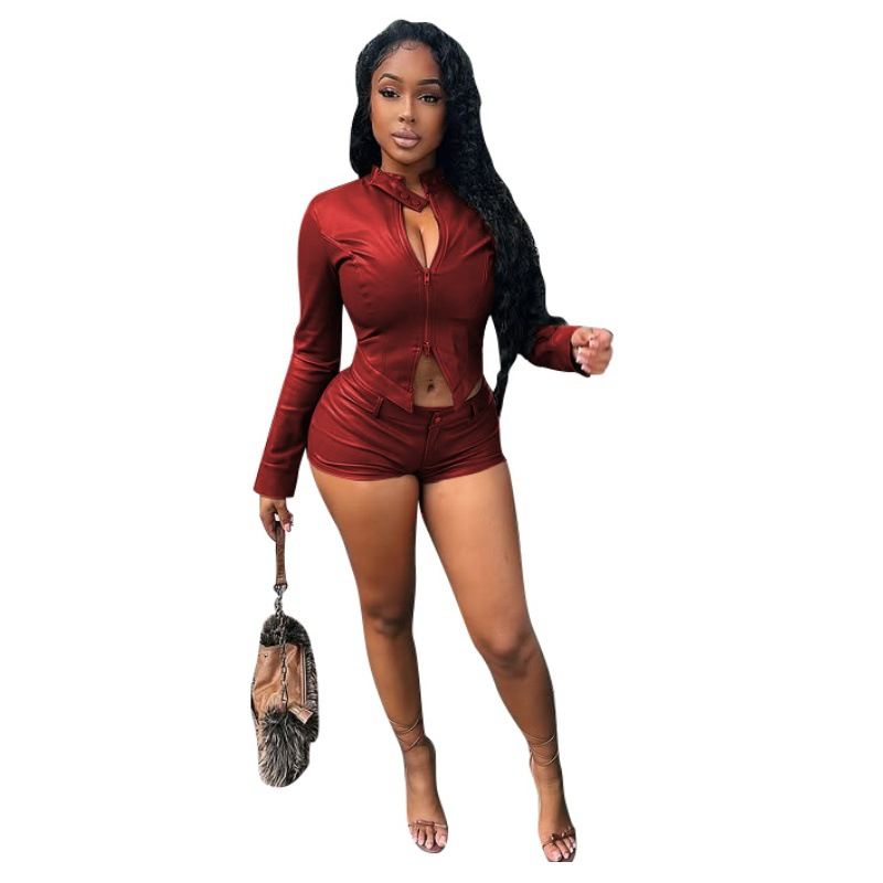 Women's Clothing PU Stretch Pant Set Long Sleeved Tops With Shorts All-Season Fashion_ecoleips.com