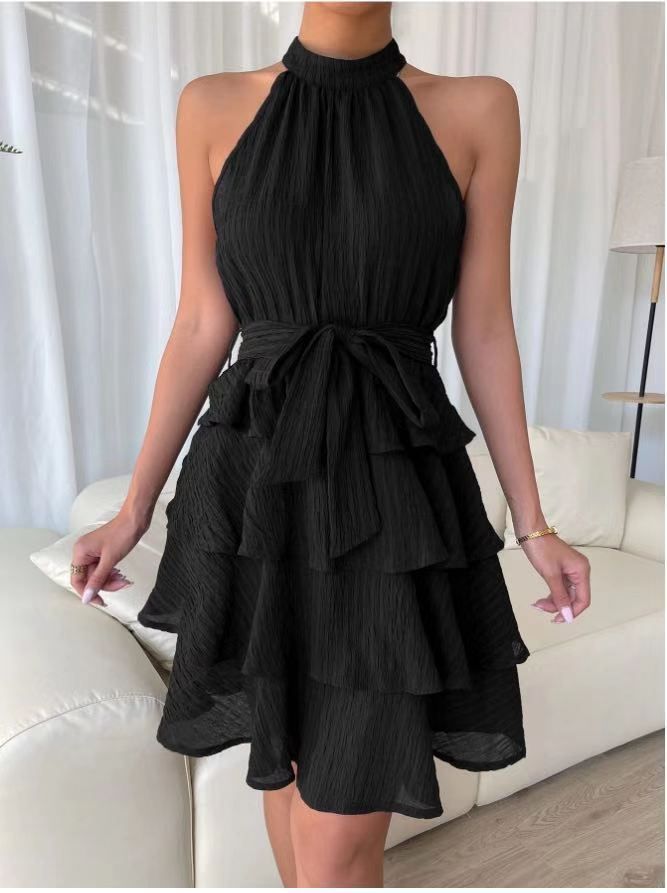 Women's Tie Halter Neck Sleeveless Layered Ruffled Maxi Dress – Casual Boho Summer Gown 2026_ecoleips.com