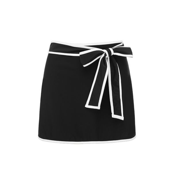 Women's Black And White Color Block One Piece Swimsuit with Bow Tie European American Style Sweet Girl Cross Border Short Skirt_ecoleips.com