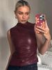 Women Y2K Vintage Pu Simple Basic Tank Top High Waist Skinny Shrunk Slash Cut Sleeveless Tops Versatile Noble Shirts_ecoleips.com