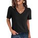 Elegant V-Neck Short Sleeve T-Shirt Top For Women - Soft Polyester Casual Blouse Vintage Inspired Courtly Lock Design Versatile For Office Daily Wear_ecoleips.com
