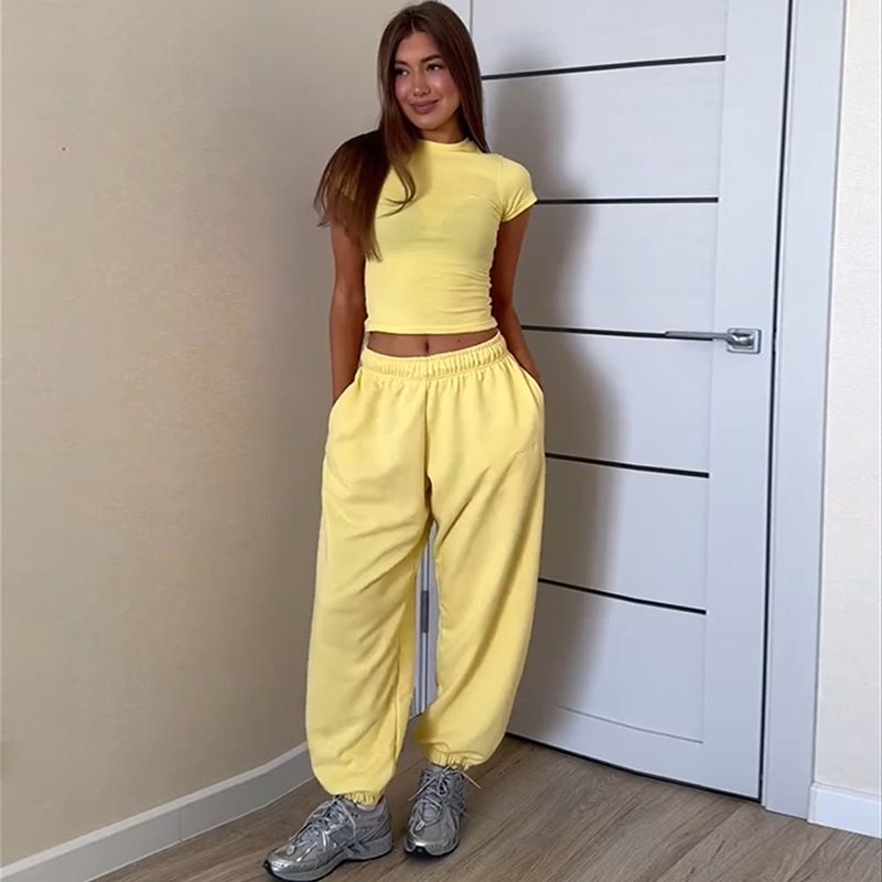 Women's Clothing Summer New Solid Color Half High Collar Short Sleeved T Shirt Drawstring Casual Pants Casual Suit_ecoleips.com