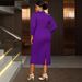 Plus Size V-Neck Long Sleeve Dress – Elegant Rhinestone & Ruffle Evening Gown For Women (0XL-4XL, Purple/Red/Blue)_ecoleips.com