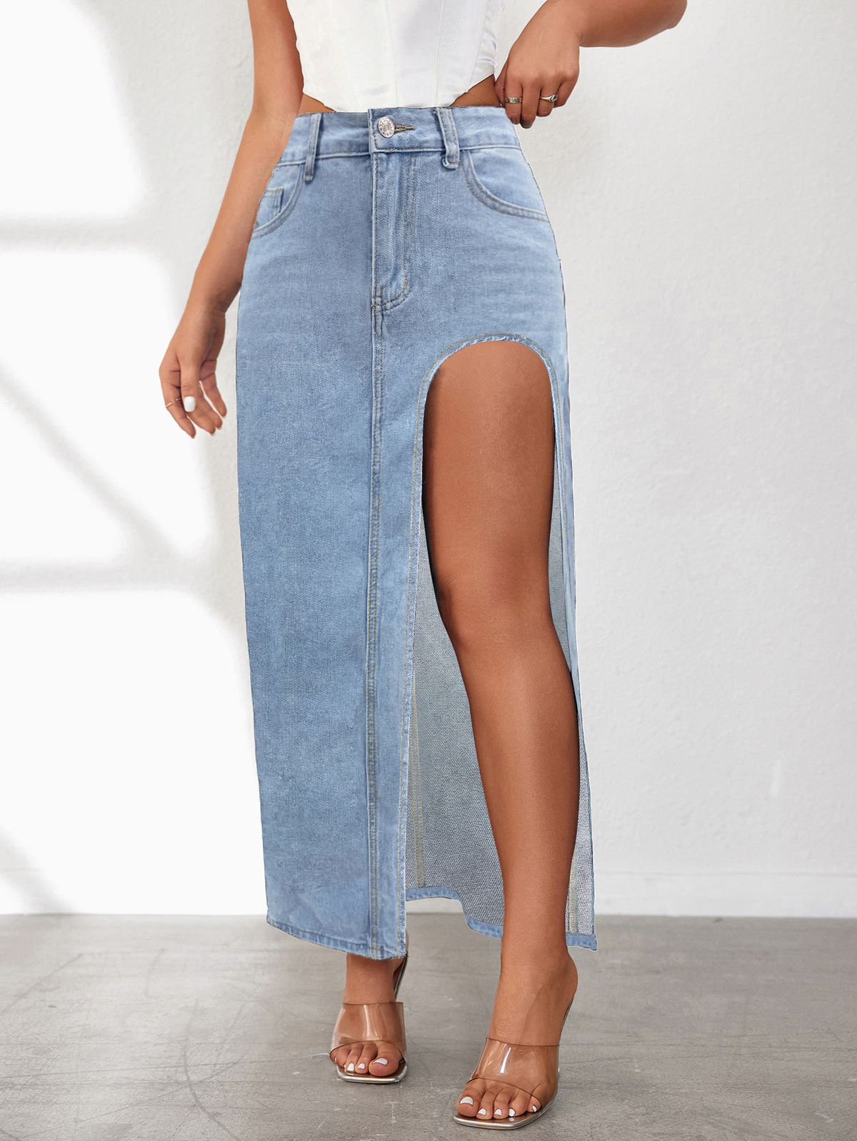 Women's Clothing Retro Denim A Line Skirt New Style Slit Denim Skirt Half Length Skirt Female Autumn And Winter Half Skirt High Waist Design_ecoleips.com
