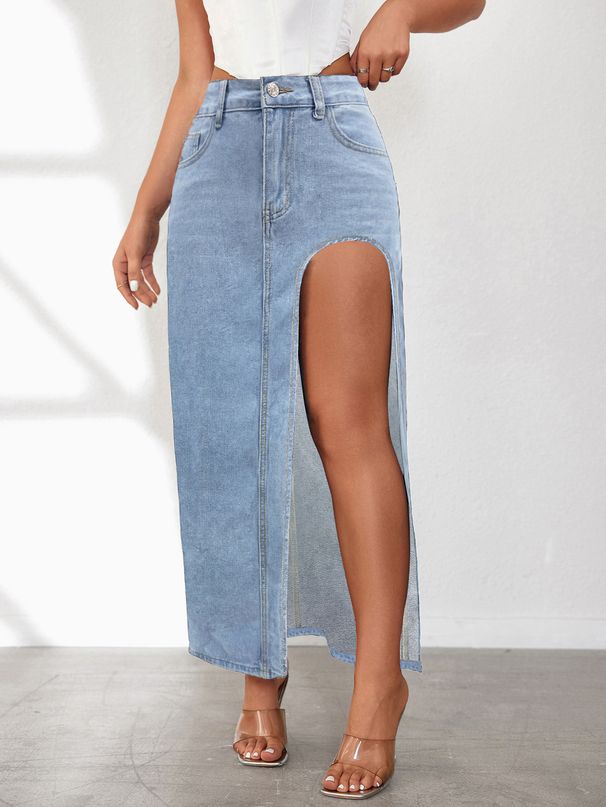 Women's Clothing Retro Denim A Line Skirt New Style Slit Denim Skirt Half Length Skirt Female Autumn And Winter Half Skirt High Waist Design_ecoleips.com