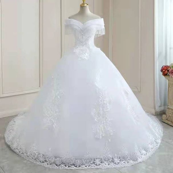 European American Off-Shoulder Wedding Dress 2026 New Style Export Tassel Court Bridal Travel Photography Departure Train Dress_ecoleips.com