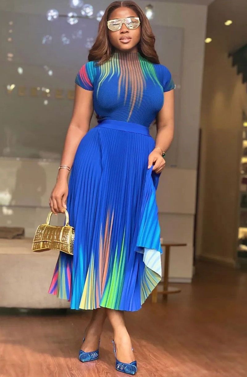Women's Clothing spring and summer hot style printed short sleeved top half length pleated dress_ecoleips.com