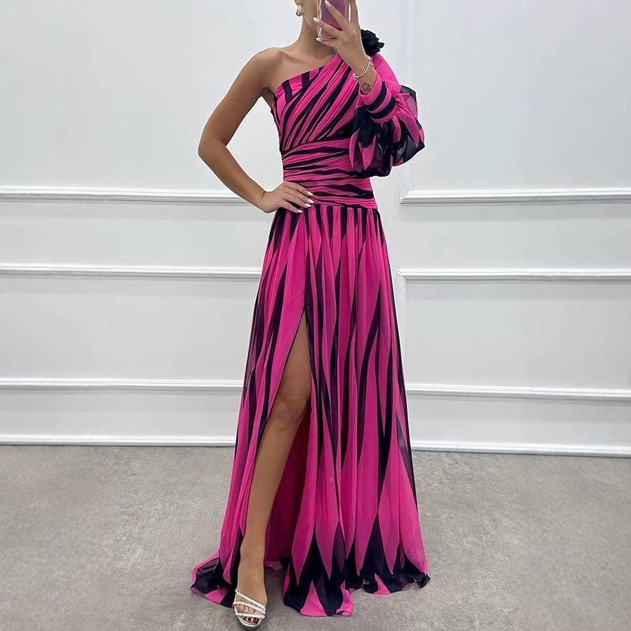 25 Years European And American Oblique Shoulder Dress Party Elegant Printed Long Dress_ecoleips.com