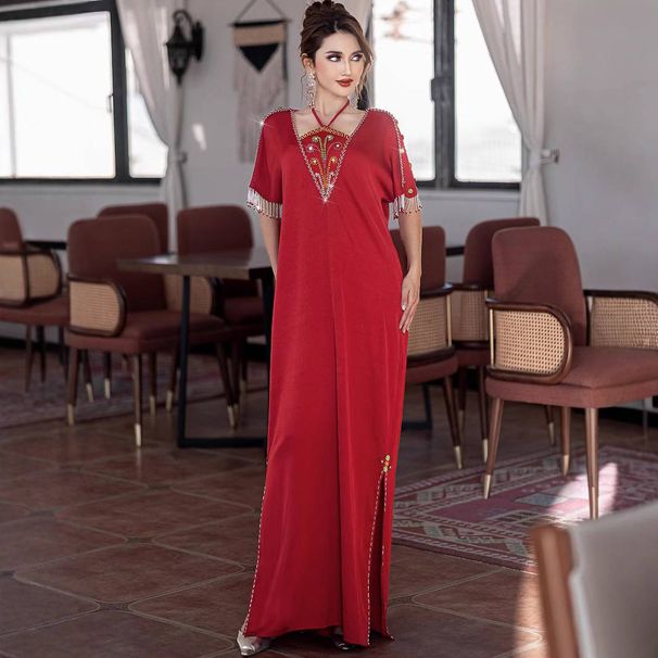 Red Embroidered Halter Neck Dress With Tassel Details & High Slit - Elegant Evening Gown_ecoleips.com