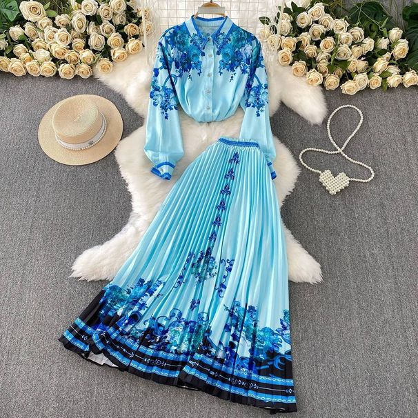 Women’S Printed Long-Sleeve Blouse & High-Waisted Pleated Skirt Set – Elegant Office Wear (One Size, 5 Colors)_ecoleips.com