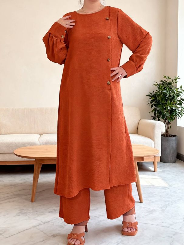 Hot Selling Top And Pants Set, Ethnic Suit, Solid Color Button, Traditional Suit_ecoleips.com