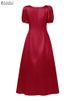 ZANZEA Elegant Chic Women Satin Wedding Guest Party Long Dresses Square Neck Short Puff Sleeve Fitted Waist A-Line Dress S-3XL_ecoleips.com