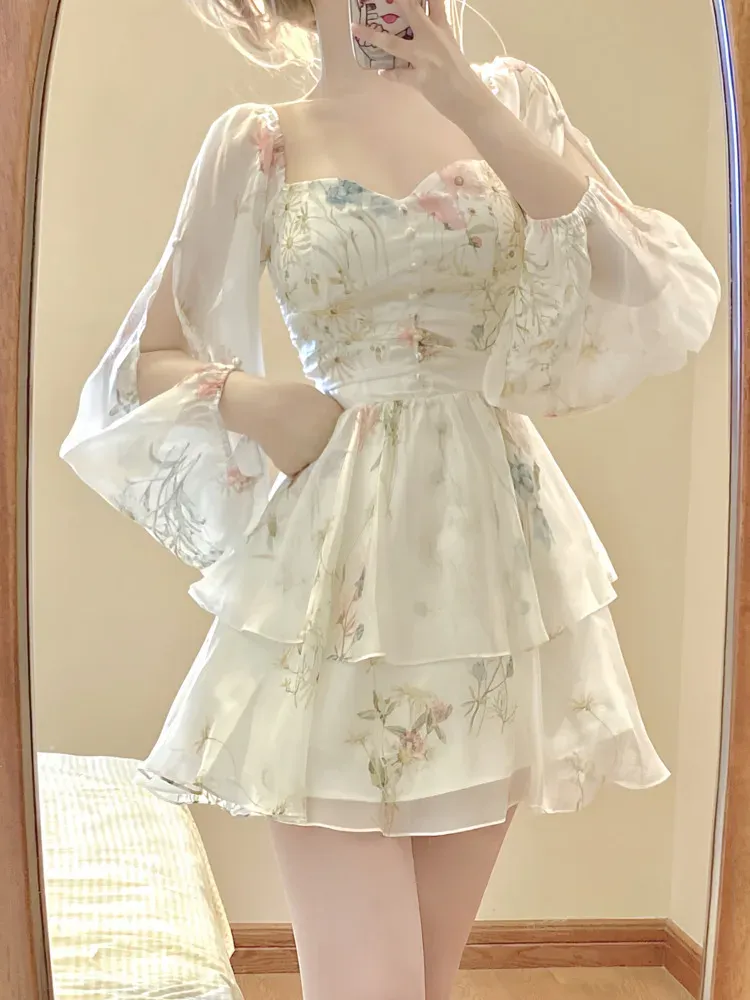 French Elegant Floral Mini Dress Chiffon Long Sleeve Evening Party Dress Women Holiday Beach Boho Fairy Dress Korean 2024 Robes_ecoleips.com