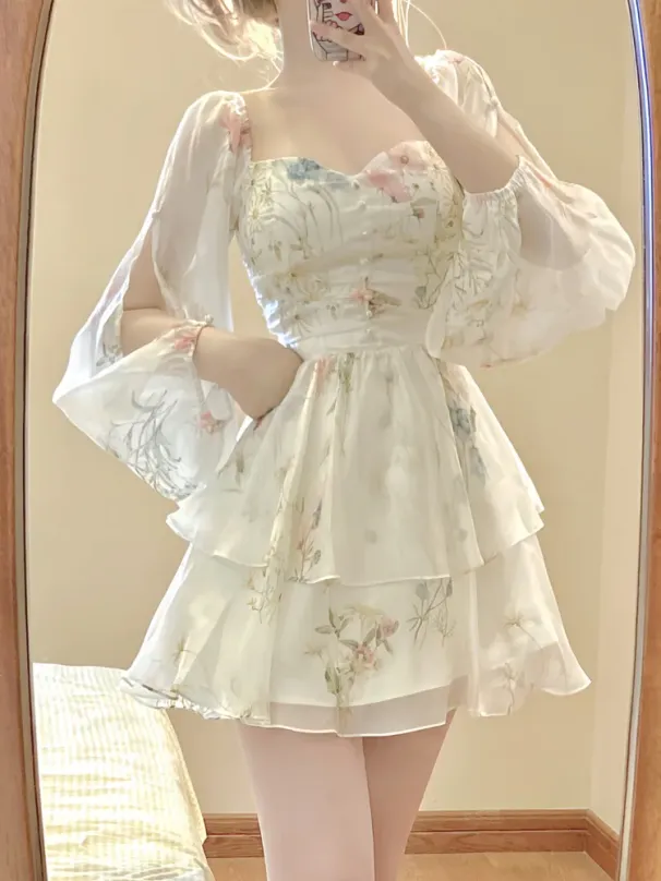 French Elegant Floral Mini Dress Chiffon Long Sleeve Evening Party Dress Women Holiday Beach Boho Fairy Dress Korean 2024 Robes_ecoleips.com