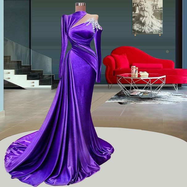 Women's Clothing Purple Flannel Long Sleeved Slim Dress New Annual Meeting Evening Dress Temperament Waist Fishtail Dress_ecoleips.com