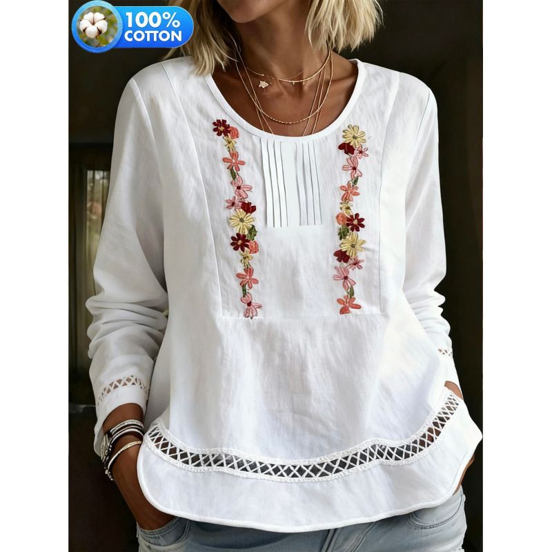 Women's Clothing Casual Shirt Women’s Elegant Long-Sleeve Blouse – Lace Trimmed Relaxed Fit Shirt (Breathable Cotton, Casual & Chic)_ecoleips.com