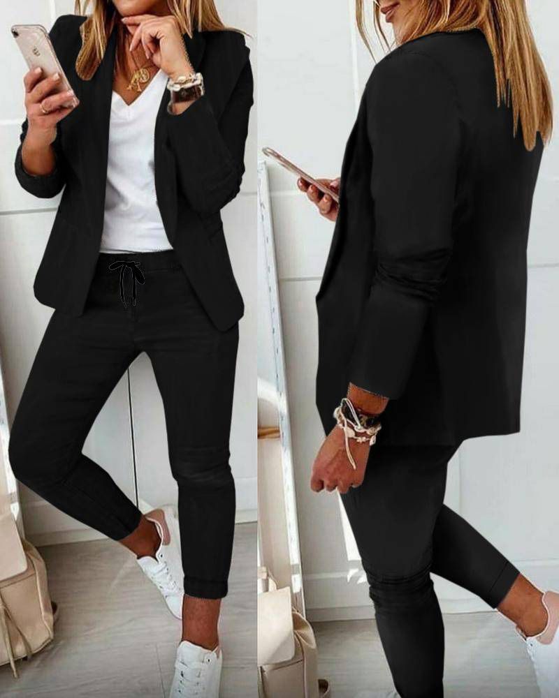 Women's Solid Color Professional Suit Set - Commuting Style Blazer & Pants | Office Workwear Outfit_ecoleips.com