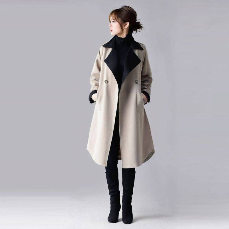 Women's Oversized Long Trench Coat With Contrast Collar - Autumn Casual Streetwear Jacket (S/M/L) Women's Clothing_ecoleips.com