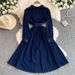 Women's Elegant A-Line Midi Dress Denim Polo Collar Side Slit Belt Office Casual Wear_ecoleips.com