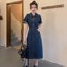 Women's Clothing High End Polo Collar Denim Dress Summer Split Belt Design Niche Temperament Long Skirt_ecoleips.com