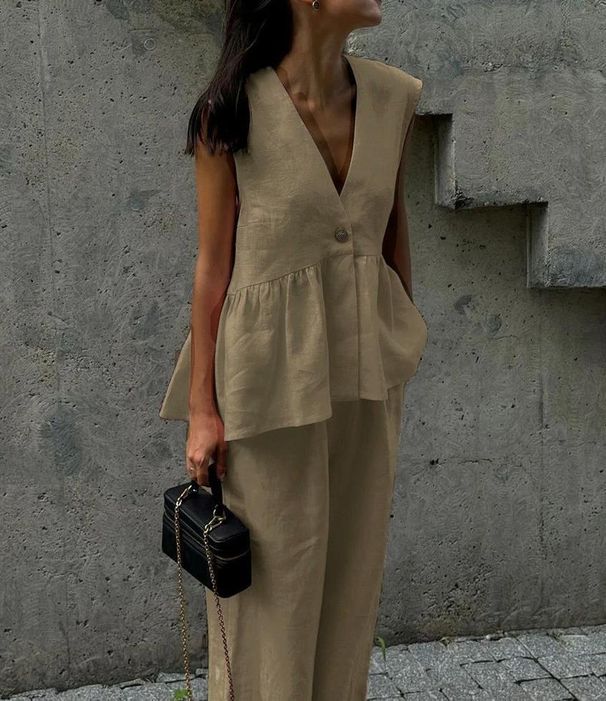Women's Clothing Women's Cotton V Neck Sleeveless Top Vest Pants Set Solid Color Elegant Commuting Style For Formal & Casual For Women_ecoleips.com