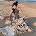 Chinese Ink Print V-neck Strap Summer Women French Niche Loose Lazy Style Over-the-knee Long Dress_ecoleips.com