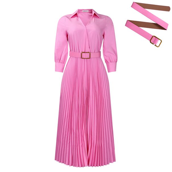Women's Clothing New Fashion Lapel Long Sleeve High Waist Temperament Pleated Solid Color Dress_ecoleips.com