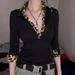 Women's Slim Fit V Neck Long Sleeve T-Shirt Leopard Print Patchwork Versatile Base Layer Top For Autumn Winter_ecoleips.com