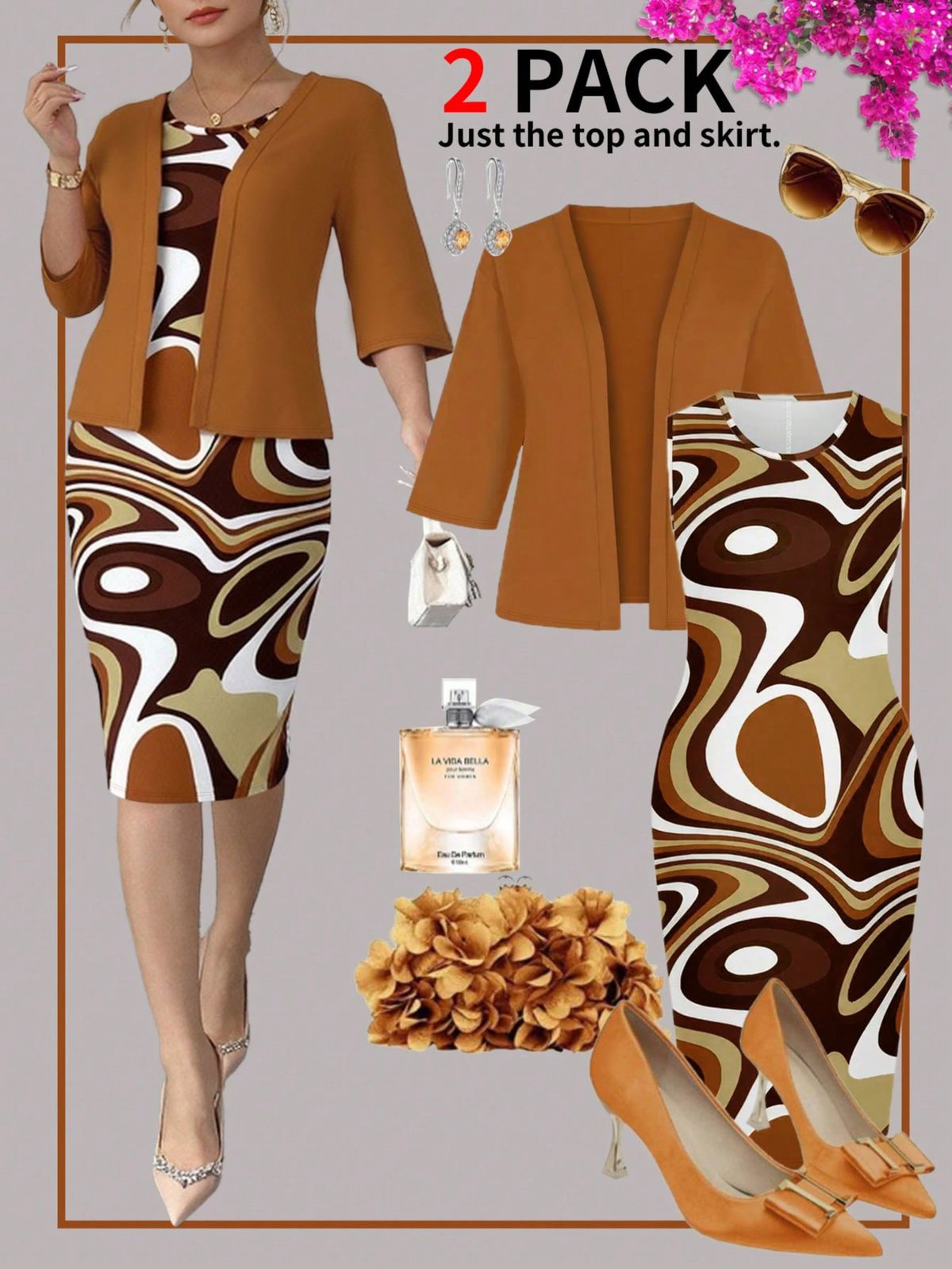 plus Size Two Piece Set Women's Geometric Print Sleeveless Dress Three Quarter Sleeve Cardigan_ecoleips.com