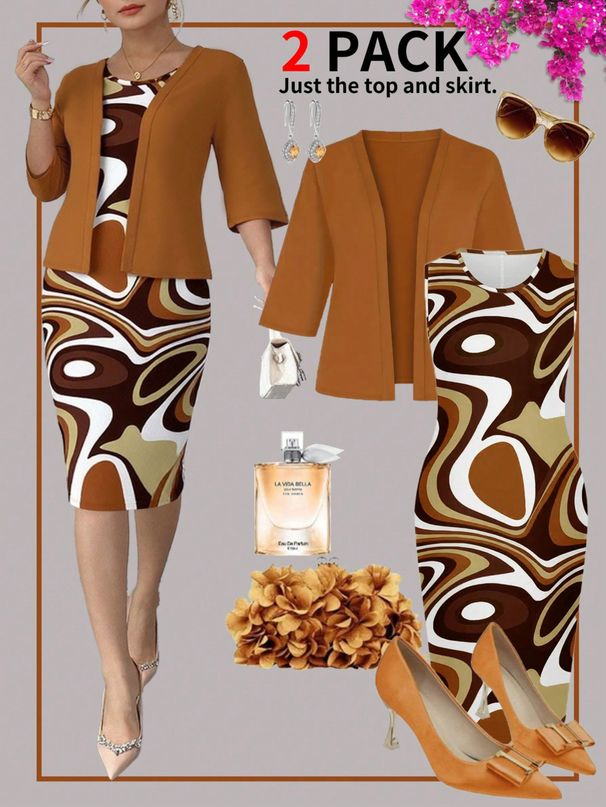 plus Size Two Piece Set Women's Geometric Print Sleeveless Dress Three Quarter Sleeve Cardigan_ecoleips.com