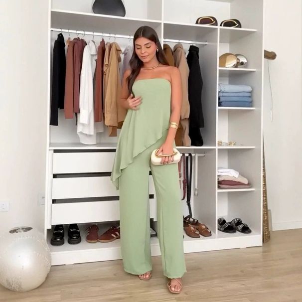 Women's Elegant Sexy Casual Strapless Ice Silk Pleated Solid Color Straight Leg Pants Set Import Clothing_ecoleips.com