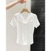 New Style Women's Ruffled Knit T-Shirt V Neck Slim Fit Lace Trim Gentle Top For Summer_ecoleips.com