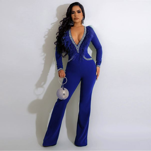 Women's clothing sexy deep V feather collar fashionable wide leg jumpsuit for women 22 autumn and winter hot diamond style_ecoleips.com