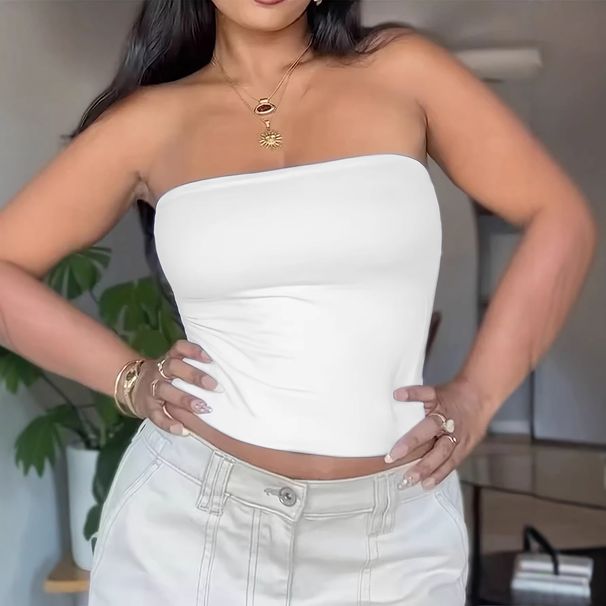 Women's Plus Size Sexy Strapless Basic Tank Top, Fashionable Solid Color Elastic Slim-Fit Tube Top_ecoleips.com