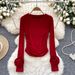 Women's Clothing long sleeved round neck T shirt for women in autumn with three dimensional flowers, pleated slim fit design, bottoming shirt top_ecoleips.com
