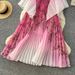 Pleated Floral Print Dress With 3D Embroidery, Bell Sleeves & Elastic Waist, Boho Chic Maxi Dress For Women, One Size Fits Most_ecoleips.com