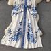 Blue White Porcelain Print Dress Elegant Mandarin Collar Flared Midi with Side Buttons Women's Clothing_ecoleips.com