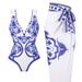 Women's Elegant Beachwear Set Blue And White Porcelain Print One Piece Swimsuit with Wrap Skirt_ecoleips.com