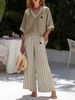 Women's V-Neck Striped Wide-Leg Set - European Style Linen-Like Two-Piece_ecoleips.com