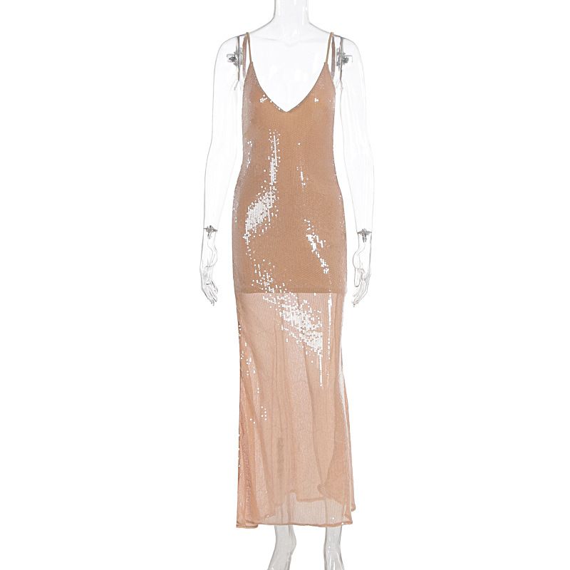 Women Sequined Deep V Neck Long Dress Sexy Spicy Girl Style High End Evening Party Dress For Formal Banquet_ecoleips.com