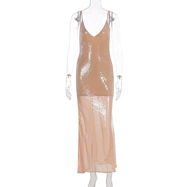Women Sequined Deep V Neck Long Dress Sexy Spicy Girl Style High End Evening Party Dress For Formal Banquet_ecoleips.com